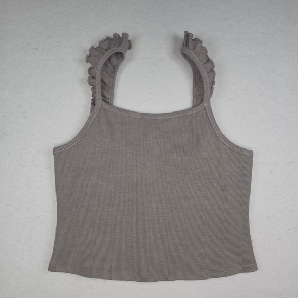 Ces Femme Tops - Ces Femme Brown Ribbed Crop Tank Ruffle Straps Square Neck Large